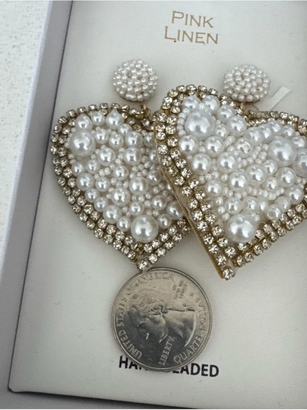 Hand-Beaded Pearl Heart Drop Earrings with Gold Rhinestone Trim
